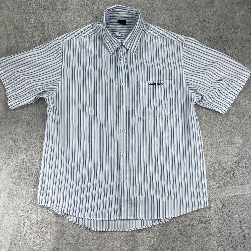 Vintage Avirex Shirt Mens Medium White Blue Stripe Button Up Western Y2K